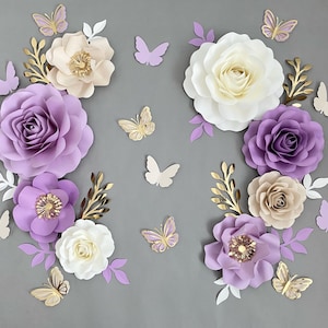 Ensemble de fleurs en papier | Fleurs de pépinière violettes | Décoration murale fleur en papier pour chambre de bébé | Fleurs murales | Fleurs pour chambre de bébé fille