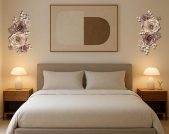 May include: A bedroom scene featuring a bed with a neutral-toned comforter and pillows. Two bedside tables with lamps flank the bed. Decorative paper roses in shades of pink and mauve adorn the walls, with a large abstract artwork above the bed.
