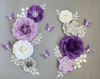 Ensemble de fleurs en papier | Fleurs de pépinière violettes | Décoration murale de fleur de papier de pépinière | Fleurs murales | Fleurs de chambre de bébé fille