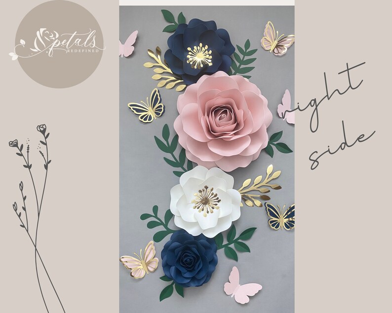 Puede incluir: Una decoraci&oacute;n de pared con grandes flores de papel en tonos rosa, blanco y azul con detalles dorados. Las flores est&aacute;n dispuestas en una fila vertical con mariposas dispersas a su alrededor. El texto "right side" est&aacute; escrito en cursiva en el lado derecho de la imagen.