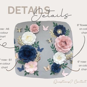 Puede incluir: Primer plano de una pared decorada con flores de papel en tonos rosa, blanco y azul. Las flores est&aacute;n dispuestas en un patr&oacute;n sim&eacute;trico con mariposas y vegetaci&oacute;n. El texto "Details" est&aacute; escrito en cursiva en la parte superior de la imagen. El texto "9" pulgadas rosa - A6 en la carta de colores", "11" pulgadas rosa - B1 en la carta de colores", "8" pulgadas flor - A6 en la carta de colores", y "6" pulgadas rosa - B1 en la carta de colores" est&aacute; escrito alrededor de las flores.