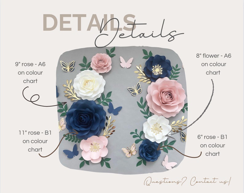 Puede incluir: Primer plano de una pared decorada con flores de papel en tonos rosa, blanco y azul. Las flores est&aacute;n dispuestas en un patr&oacute;n sim&eacute;trico con mariposas y vegetaci&oacute;n. El texto "Details" est&aacute; escrito en cursiva en la parte superior de la imagen. El texto "9" pulgadas rosa - A6 en la carta de colores", "11" pulgadas rosa - B1 en la carta de colores", "8" pulgadas flor - A6 en la carta de colores", y "6" pulgadas rosa - B1 en la carta de colores" est&aacute; escrito alrededor de las flores.