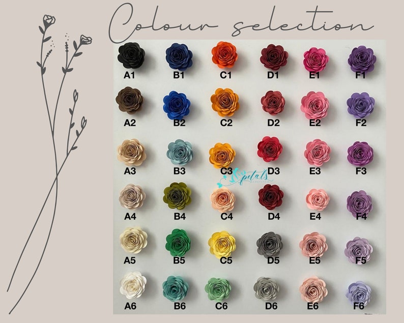 Puede incluir: Tabla de selecci&oacute;n de colores con 36 muestras de flores de papel. Las flores est&aacute;n dispuestas en seis filas de seis, etiquetadas de A1 a F6. Cada fila presenta una paleta de colores diferente, incluyendo negro, azul, naranja, rojo, rosa y morado.