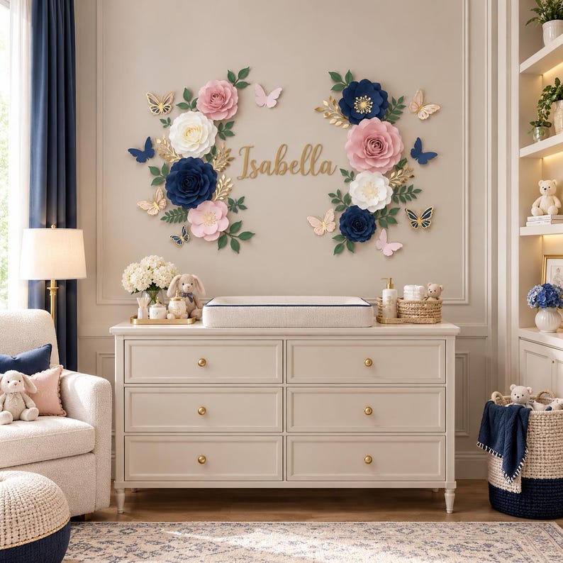 Juego de decoración de pared con flores de papel: flores infantiles rosas, azules y doradas. imagen 10