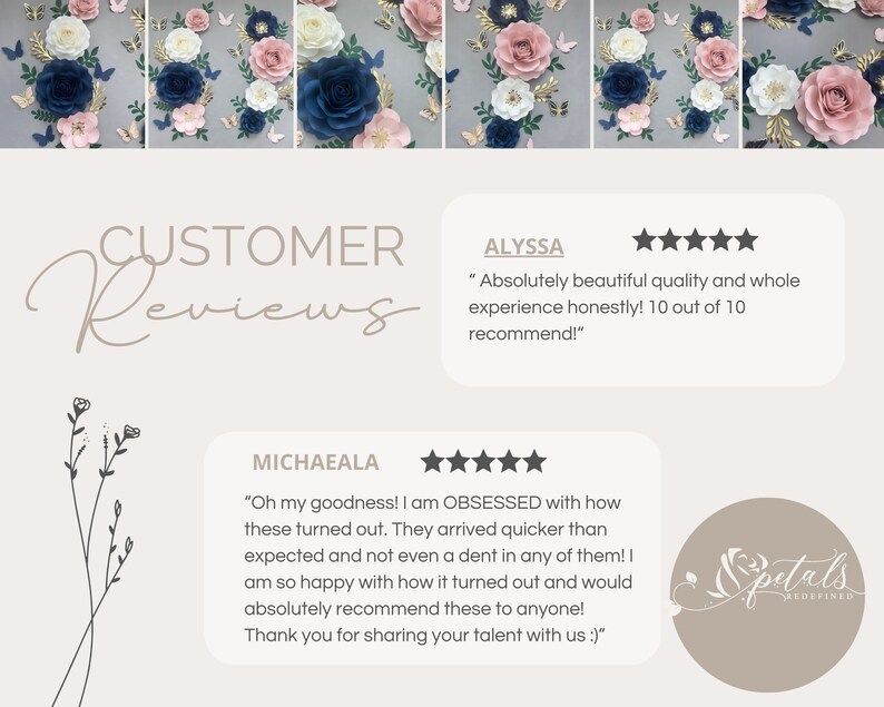 Puede incluir: Comentarios de clientes para un negocio llamado "Petals Redefined". Las rese&ntilde;as son positivas e incluyen calificaciones de cinco estrellas. El texto de las rese&ntilde;as es visible en la imagen.