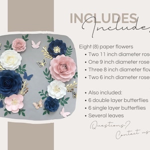 Puede incluir: Un conjunto de ocho flores de papel en tonos rosa, blanco y azul, con detalles dorados. El conjunto incluye dos rosas de 28 cm de di&aacute;metro, una rosa de 23 cm de di&aacute;metro, tres flores de 20 cm de di&aacute;metro y dos rosas de 15 cm de di&aacute;metro. Tambi&eacute;n se incluyen seis mariposas de doble capa, seis mariposas de una sola capa y varias hojas.