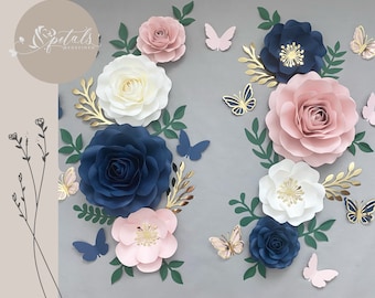 Paper Flower Wall Decor Set: Pink, Blue, and Gold Nursery Flowers