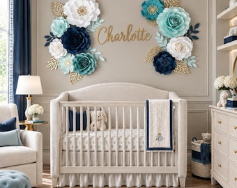 Blue Nursery Wall Decor for Baby Boy, Navy and Teal Paper Flowers Above Crib, 3D Floral Wall Set