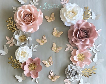 Dusty Rose Paper Flower Set: Nursery Wall Decor, Gold Accents