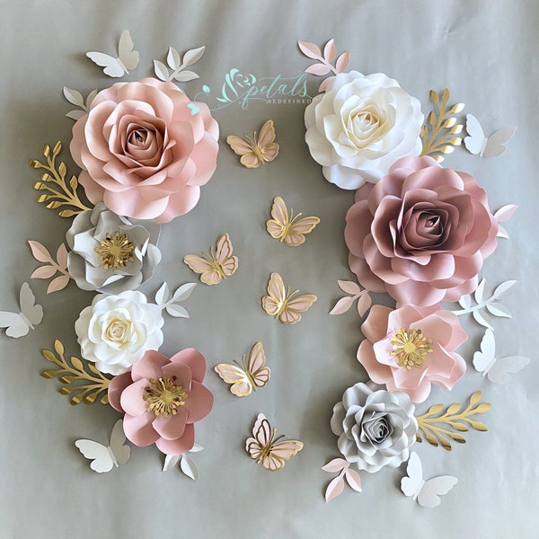 Paper Flower Set | Dusty Rose Nursery Flowers | Nursery Paper Flower Wall Decor | Wall Flowers | Baby Girl Nursery Flowers