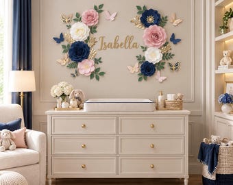 Blue & Pink Paper Flower Set: Nursery Wall Decor