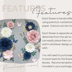 Puede incluir: Un conjunto de flores de papel en tonos rosa, blanco y azul, con detalles dorados y mariposas. Las flores est&aacute;n hechas a mano y se pueden usar para la decoraci&oacute;n del hogar o eventos especiales.
