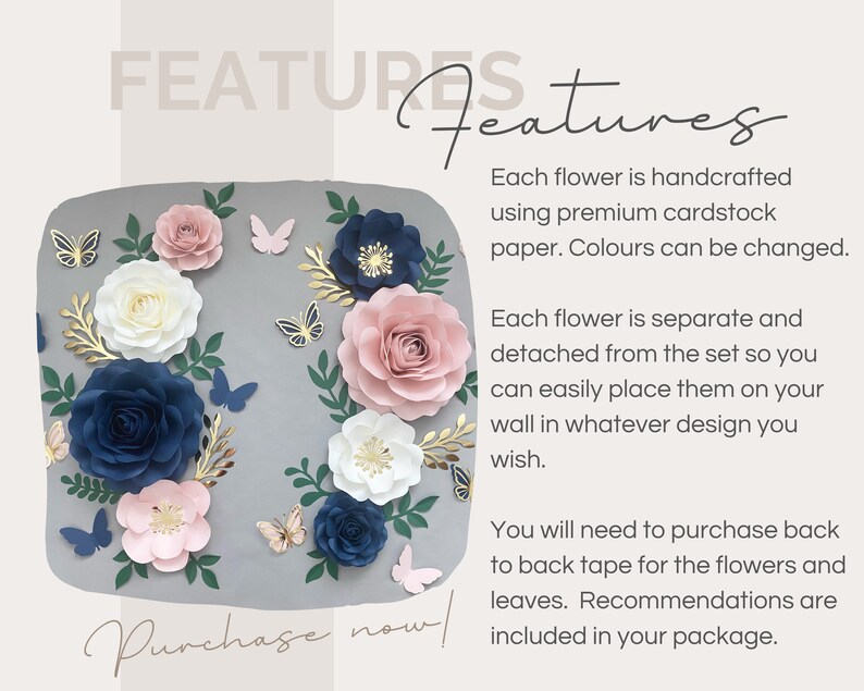 Puede incluir: Un conjunto de flores de papel en tonos rosa, blanco y azul, con detalles dorados y mariposas. Las flores est&aacute;n hechas a mano y se pueden usar para la decoraci&oacute;n del hogar o eventos especiales.