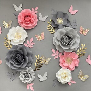 Paper Flower Set: Gray, Pink Roses & Butterflies Nursery Wall Decor