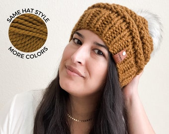 Custom Winter Hat for Women, Brown Beanie, Ski Gifts for Her, Teenage Girl Gifts, Pom Pom Beanie for Women, Winter Hats for Larger Heads