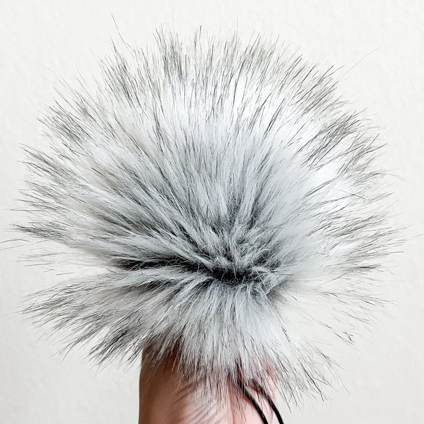 6" Faux Fur Pom Pom, XL Faux Fur Poms, Gray Long Pile Faux Fur Pom, Luxury Faux Fur Pom, Pom Poms for Hats