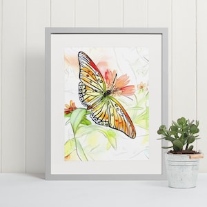 Fine-Art Print on Archival Matte Paper, Gulf-Fritillary Butterfly #02.  Beautiful watercolor print of a Gulf Fritillary Butterfly.