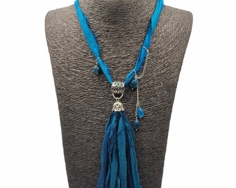 Turquoise Sari Silk Tassel Necklace, Womens Longline Necklace, Blue Apatite Beads