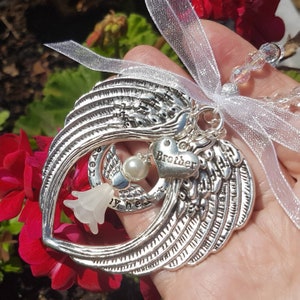 Brother Memorial, Large Hanging Angel Wing with Brother Charm and Forever in my Heart Charm