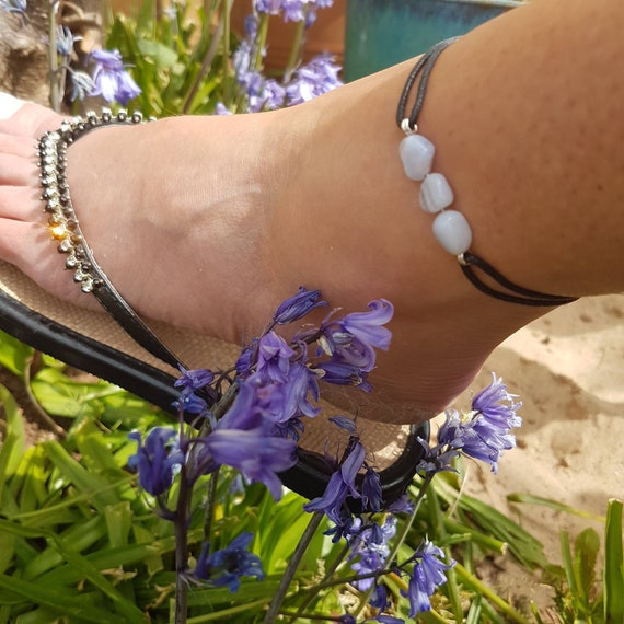 Blue Turquoise Anklet, December Silver Handmade Birthstone Crystal Bea