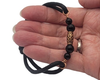 Black Cord Bracelet with Decorative Copper Bead, Onyx Gemstone Bracelet, Mens Gift