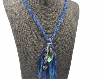 Blue Sari Silk Tassel Necklace, Womens Longline Necklace, Abalone Shell Beads and Blue Apatite Beads