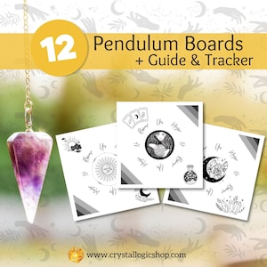 May include: A collection of 12 pendulum boards with a guide and tracker. The image features a purple and white crystal pendulum hanging from a gold chain, and several white pendulum boards with black illustrations and text. The website address is visible.