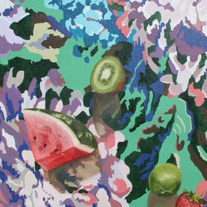 May include: An oil painting on canvas featuring a slice of red watermelon, a green kiwi slice, a whole lime, and a strawberry. The background is a vibrant, abstract composition of layered shapes in shades of green, purple, blue, and white.