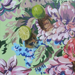 May include: A square canvas painting featuring a light green background with a vibrant floral arrangement. The composition includes large pink and purple flowers, small blue blossoms, and two lime segments, one whole and one sliced in half.