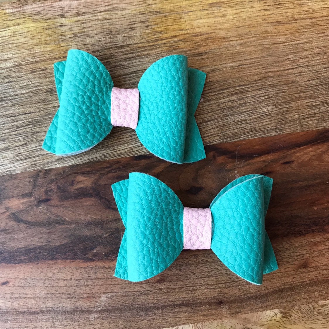 Teal Faux Leather Bow Hair Clips