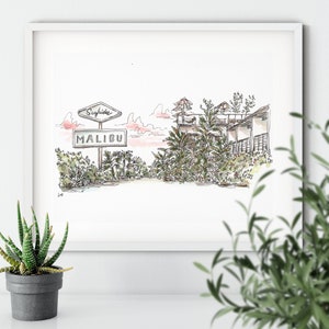 Surfrider Hotel Malibu Drive Up - Malibu Aquarell Druck - Kalifornien handgezeichnete Illustration Kunst