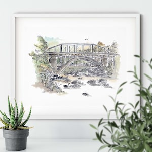May include: A black and white ink drawing of a bridge over a river with trees on either side. The bridge is arched and has a metal structure. There are people walking on the bridge and birds flying overhead.