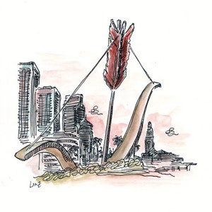 Può includere: Un'illustrazione disegnata a mano di una grande scultura a forma di freccia davanti a uno skyline urbano. La freccia è rossa e gli edifici della città sono disegnati in bianco e nero.