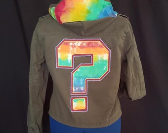 lady's medium green denim repurposed jacket OOAK upcycle fashion handmade Tipper patch tie dye hood accent