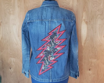 lady's Medium blue denim repurposed jacket OOAK upcycled jean jacket handmade applique lightning patch