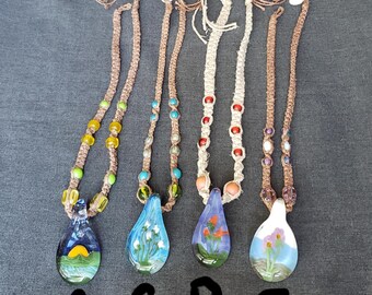 One Hemp necklaces with 2" handmade glass pendants OOAK all handmade music fashion