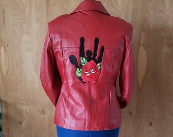 lady's Medium red leather repurposed jacket OOAK upcycled zip up coat embroidered Jerry hand and roses