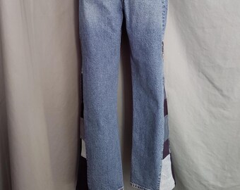 women's size 6 repurposed blue denim pants OOAK upcycled handmade patchwork flare jeans skull patches