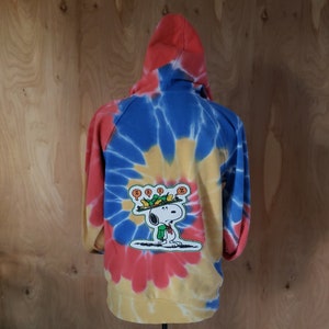 Kid's size Large 10-12 tie dye repurposed hooded sweatshirt OOAK upcycle pullover hoodie handmade applique cartoon patch