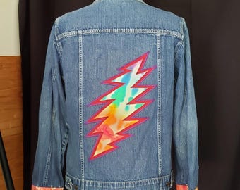 women's Large used/repurposed denim jacket OOAK handmade applique lightning patch