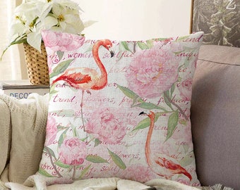Pillow Cover With Red Flamingo and Pink Flowers Double Sided