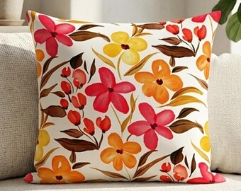Watercolor Floral Cushion Cover, Spring Flower Throw Pillow, Colorful Easter Home Decor, 9 Sizes