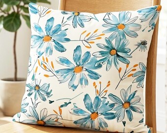 Blue Daisy Floral Cushion Cover, Wildflower Watercolor Throw Pillow, Easter Home Decor, 9 Sizes