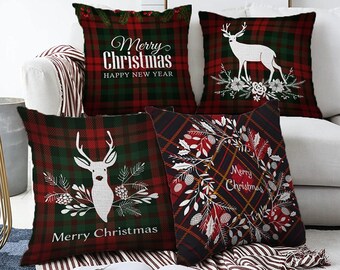 Federe per cuscini natalizi con motivo scozzese nero, renna e albero di Natale, stampa fronte-retro sul tessuto di ciniglia di diverse dimensioni