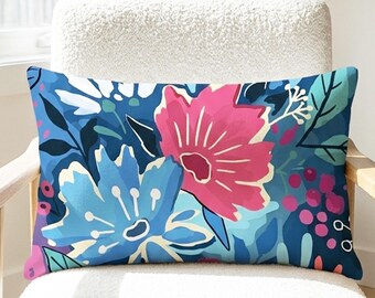 Colourful Floral Lumbar Pillow Cover, Abstract Botanical Rectangular Cushion, Flower Decor