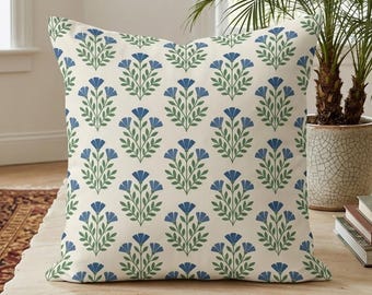 Blue Block Print Floral Cushion Cover, Botanical Chenille Pillow Case, Aesthetic Home Decor Gift