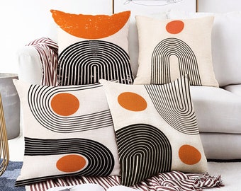 Diseños abstractos de fundas de cojines de color marfil con patrones geométricos en naranja y negro, impresión a doble cara en chenilla suave con diferentes tamaños