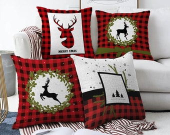 クリスマス用クッションカバー（トナカイ＆チェック柄）｜シェニール