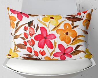 Watercolor Floral Lumbar Cushion Cover, Rectangular Spring Flower Pillow, Easter Decor, 9 Sizes