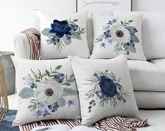 Fundas de almohada floral Lotus & Anemone con colores azul y blanco, impresión a doble cara en el tejido de chenilla suave con diferentes tamaños